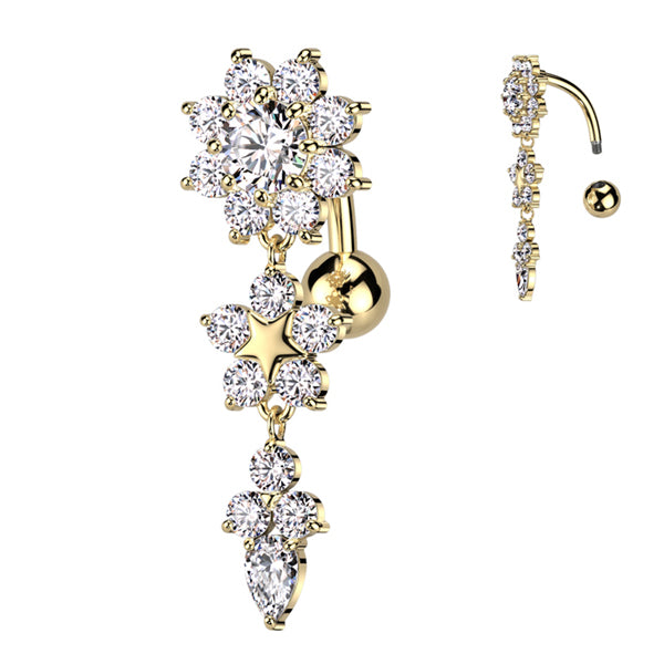 Flower CZ Reverse Belly Dangle Belly Ring 14 gauge - 3/8" long (10mm) Gold