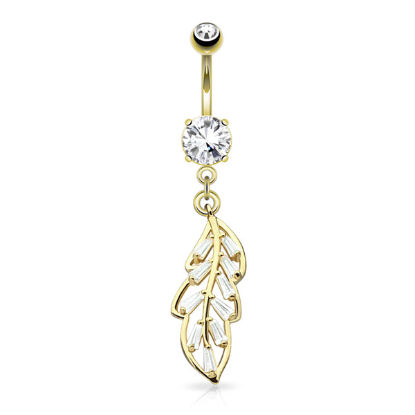 Leaf CZ Belly Dangle Belly Ring 14 gauge - 3/8" long (10mm) Gold