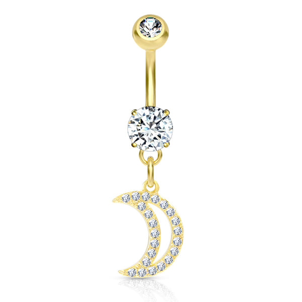 Moon CZ Belly Dangle Belly Ring 14 gauge - 3/8" long (10mm) Gold