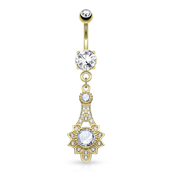 Ornate CZ Belly Dangle Belly Ring 14 gauge - 3/8" long (10mm) Gold