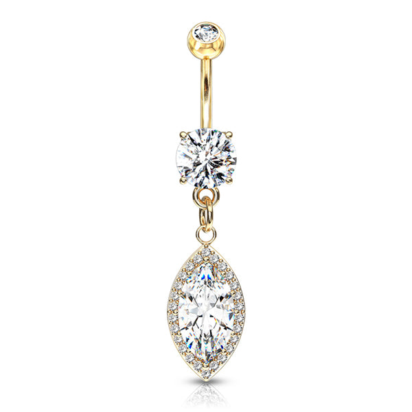 Paved Marquise Belly Dangle Belly Ring 14 gauge - 3/8" long (10mm) Gold