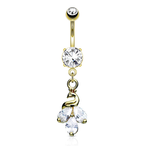 Peacock CZ Belly Dangle Belly Ring 14 gauge - 3/8" long (10mm) Gold