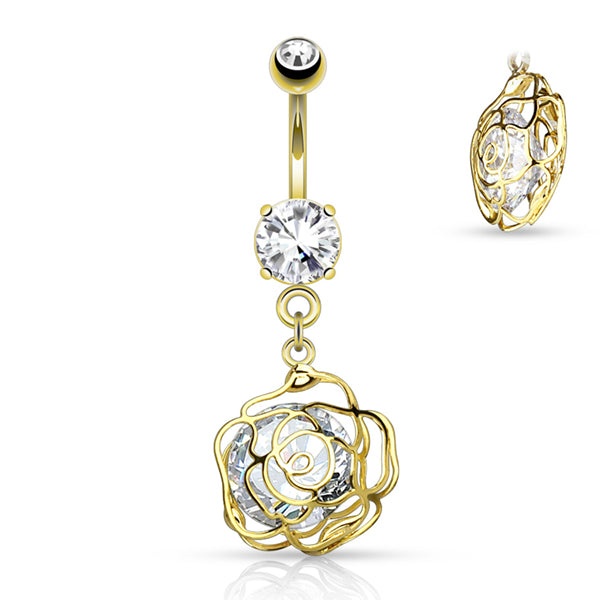 Rose CZ Belly Dangle Belly Ring 14 gauge - 3/8