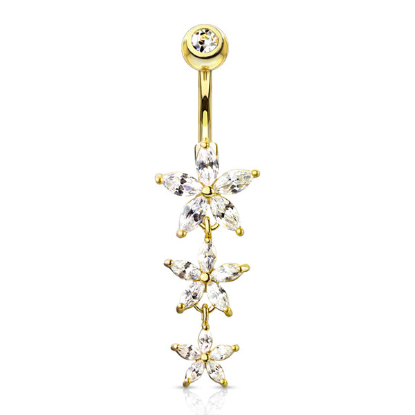 Triple CZ Flower Belly Dangle Belly Ring 14 gauge - 3/8