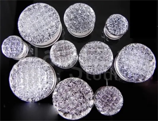 Bling Double Flare Glass Plugs Stretched Lobes 3/4 inch (19mm) Silver