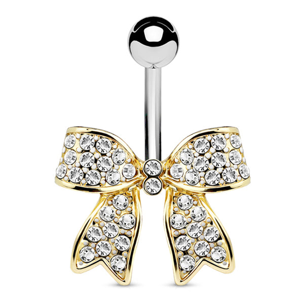 CZ Bow Belly Ring Belly Ring 14g - 3/8" long (10mm) Gold w/ Clear CZs