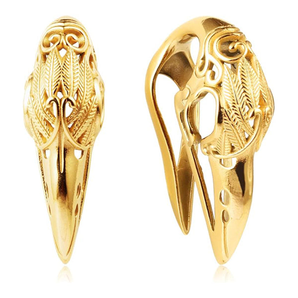 Gold Crow Skull Hangers Ear Weights 1/2 inch (12mm) Gold