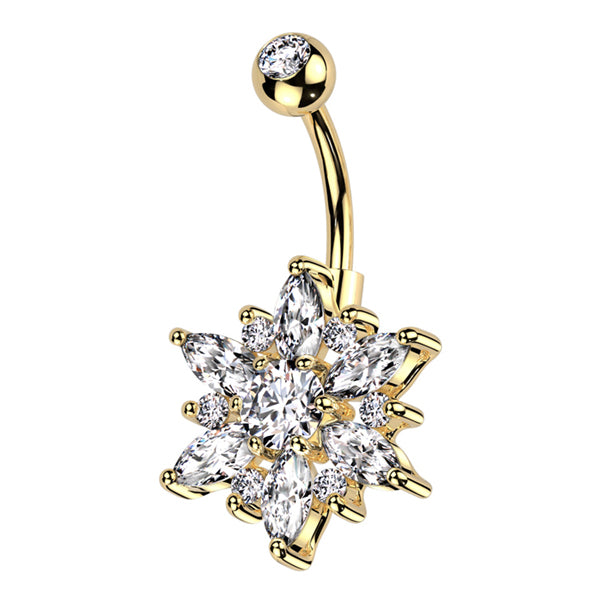 Marquise Flower Belly Ring Belly Ring 14g - 3/8" long (10mm) Gold w/ Clear CZs