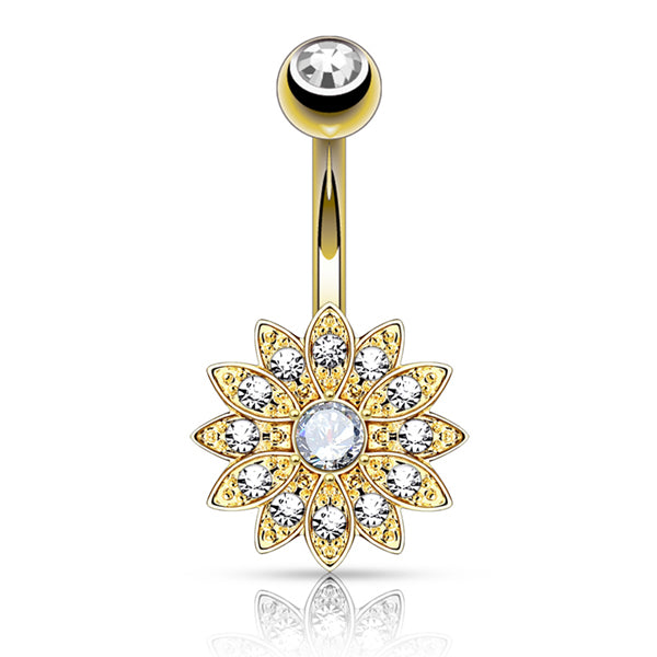 Paved Flower Belly Ring Belly Ring 14g - 3/8" long (10mm) Gold w/ Clear CZs