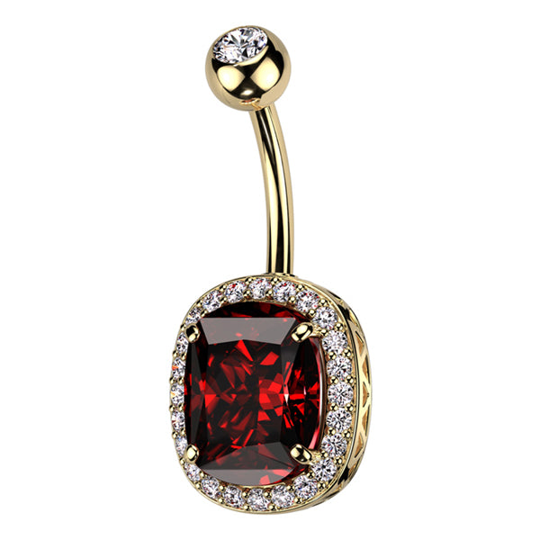 Paved Oval Belly Ring Belly Ring 14g - 3/8" long (10mm) Gold w/ Clear & Red CZs