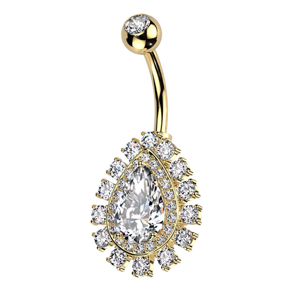 Paved Teardrop Belly Ring Belly Ring 14g - 3/8" long (10mm) Gold w/ Clear CZs