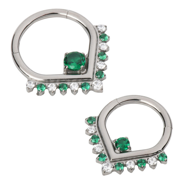 CZ Teardrop Titanium Hinged Ring Hinged Rings 16g - 5/16" diameter (8mm) Green / Clear