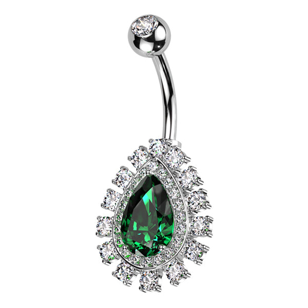 Paved Teardrop Belly Ring Belly Ring 14g - 3/8" long (10mm) Stainless w/ Clear & Green CZs