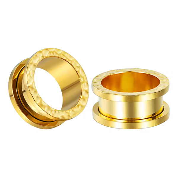 Hammered Gold Screw-On Tunnels Stretched Lobes 0 gauge (8mm) Gold Stainless