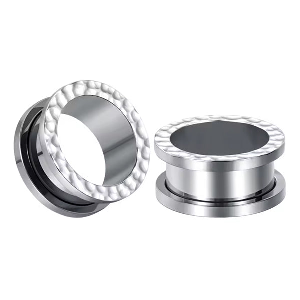 Hammered Stainless Screw-On Tunnels Stretched Lobes 0 gauge (8mm) Stainless Steel