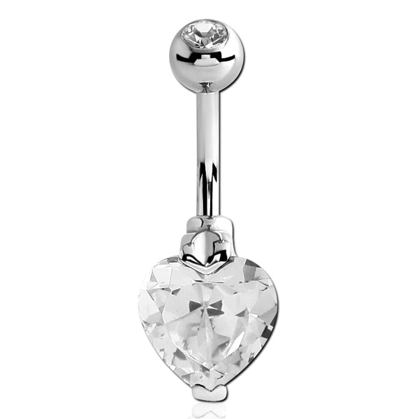 Heart CZ Stainless Belly Barbell Belly Ring 14g - 3/8" long (10mm) stainless steel