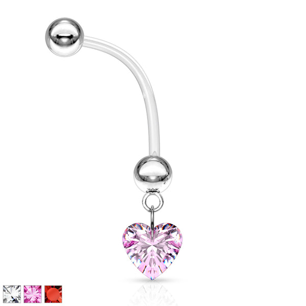 Heart CZ Dangle Pregnancy Belly Barbell Belly Ring 14 gauge - 1" long (25mm) Clear