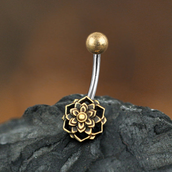 Lotus Yellow Brass Belly Barbell Belly Ring 14g - 3/8