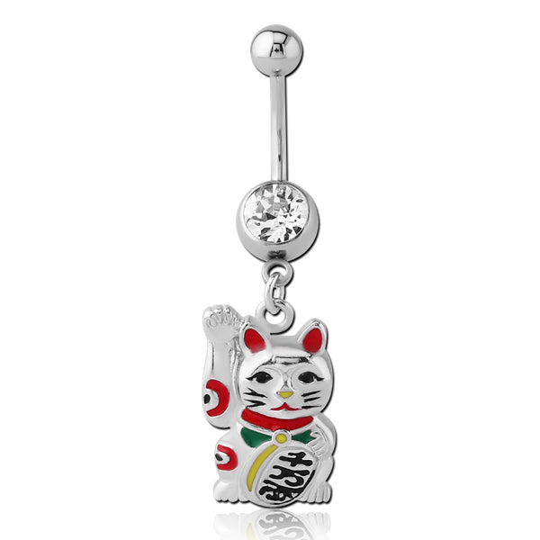 Lucky Cat Stainless Belly Dangle Belly Ring 14 gauge - 3/8" long (10mm) Stainless Steel