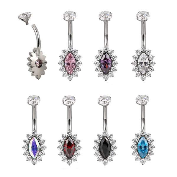 Marquise CZ Flower Titanium Belly Barbell Belly No-Dangles 14g - 3/8