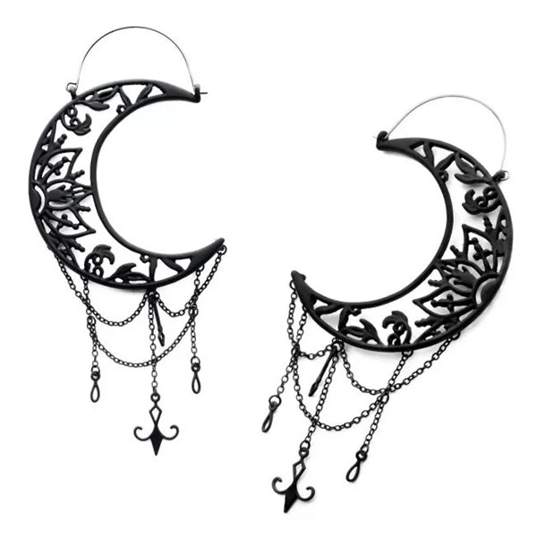 Black Crescent Moon with Chains Tunnel Hoops Earrings 20 gauge Black