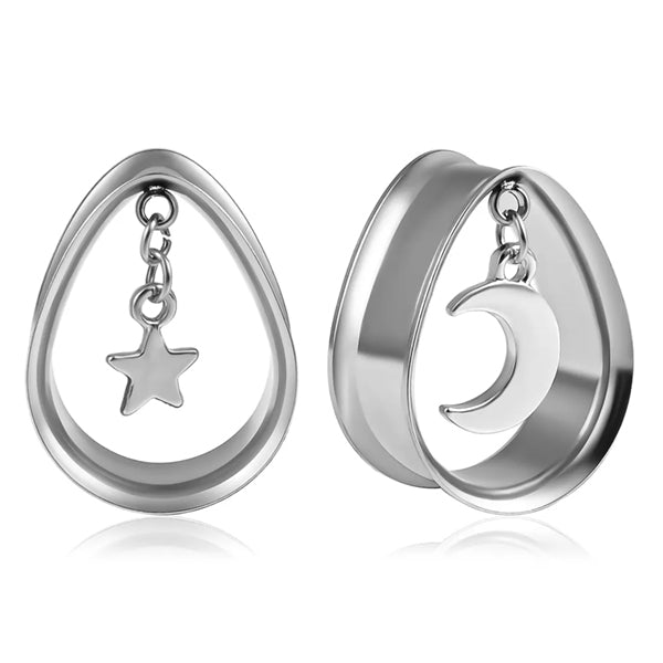Moon & Star Stainless Teardrop Tunnels Plugs 1/2 inch (12mm) stainless steel