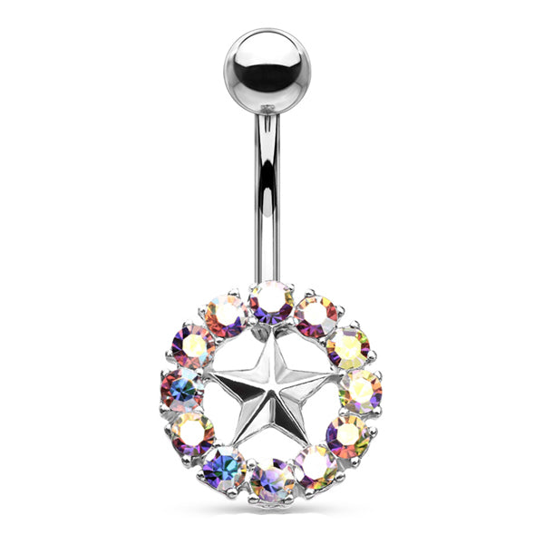 Crystal Star Belly Ring Belly Ring 14g - 3/8" long (10mm) Stainless w/ Opalescent CZs