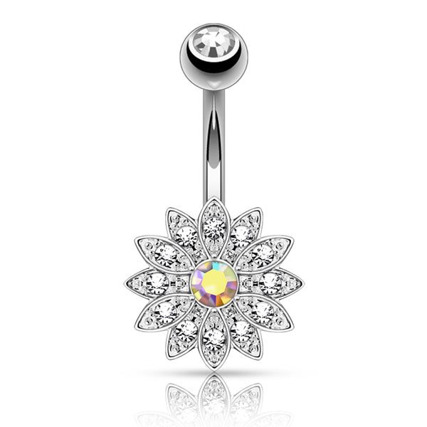 Paved Flower Belly Ring Belly Ring 14g - 3/8" long (10mm) Stainless w/ Clear & Opalescent CZs