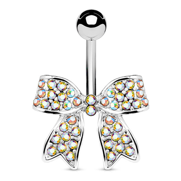 CZ Bow Belly Ring Belly Ring 14g - 3/8" long (10mm) Stainless w/ Opalescent CZs