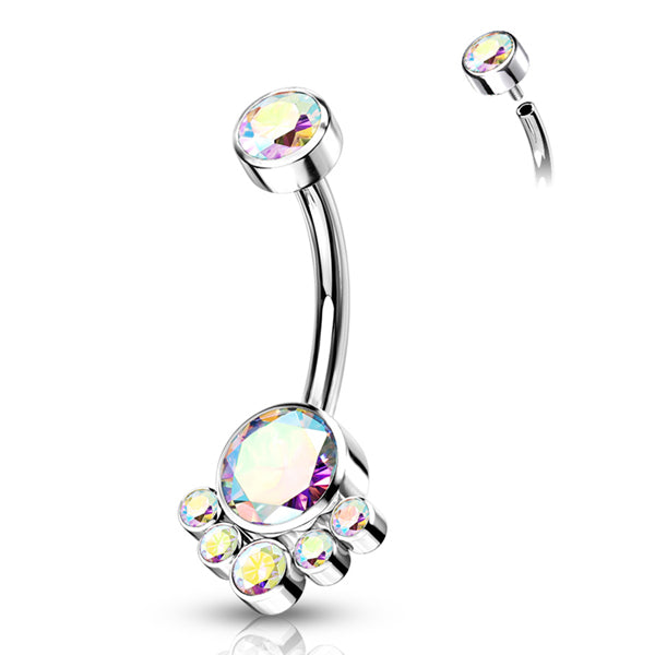 Cluster CZ Titanium Belly Barbell Belly No-Dangles 14g - 3/8" long (10mm) Aurora Borealis
