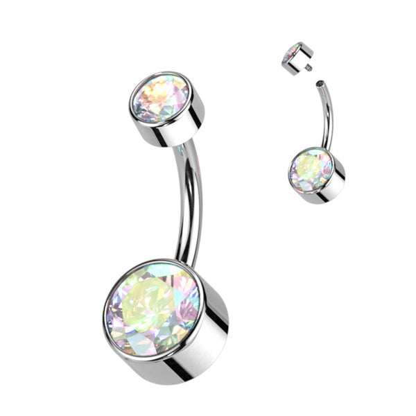 Bezel 5/8mm CZ Titanium Belly Barbell Belly No-Dangles 14g - 3/8" long (10mm) Aurora Borealis
