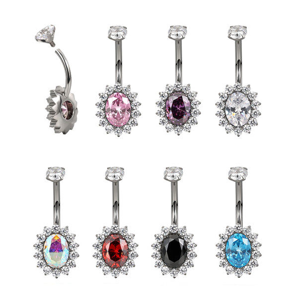 Oval CZ Flower Titanium Belly Barbell Belly No-Dangles 14g - 3/8
