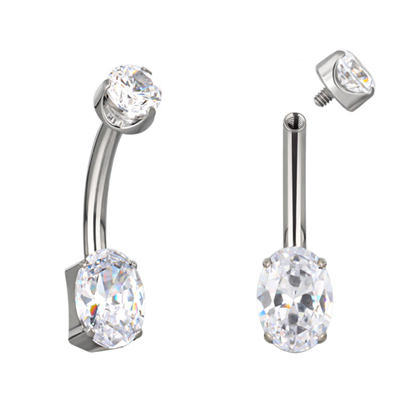 Oval CZ Titanium Belly Barbell Belly No-Dangles 14g - 3/8" long (10mm) Clear
