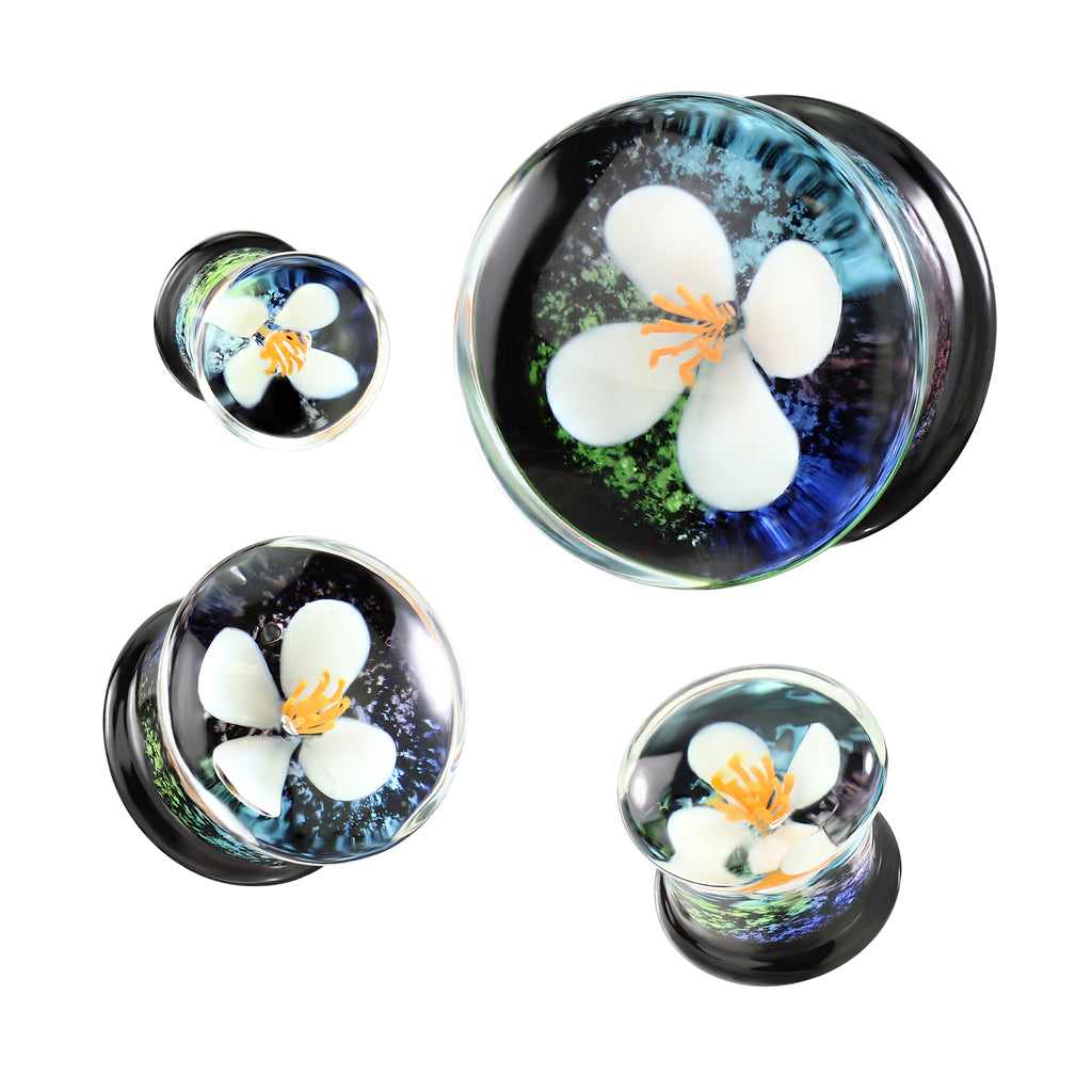 White Flower Glass Plugs Offline 0 gauge (8mm) White