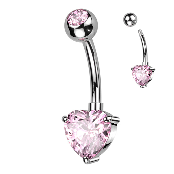 Heart CZ Titanium Belly Barbell Belly Ring 14g - 3/8" long (10mm) High Polish (silver) & Pink CZs