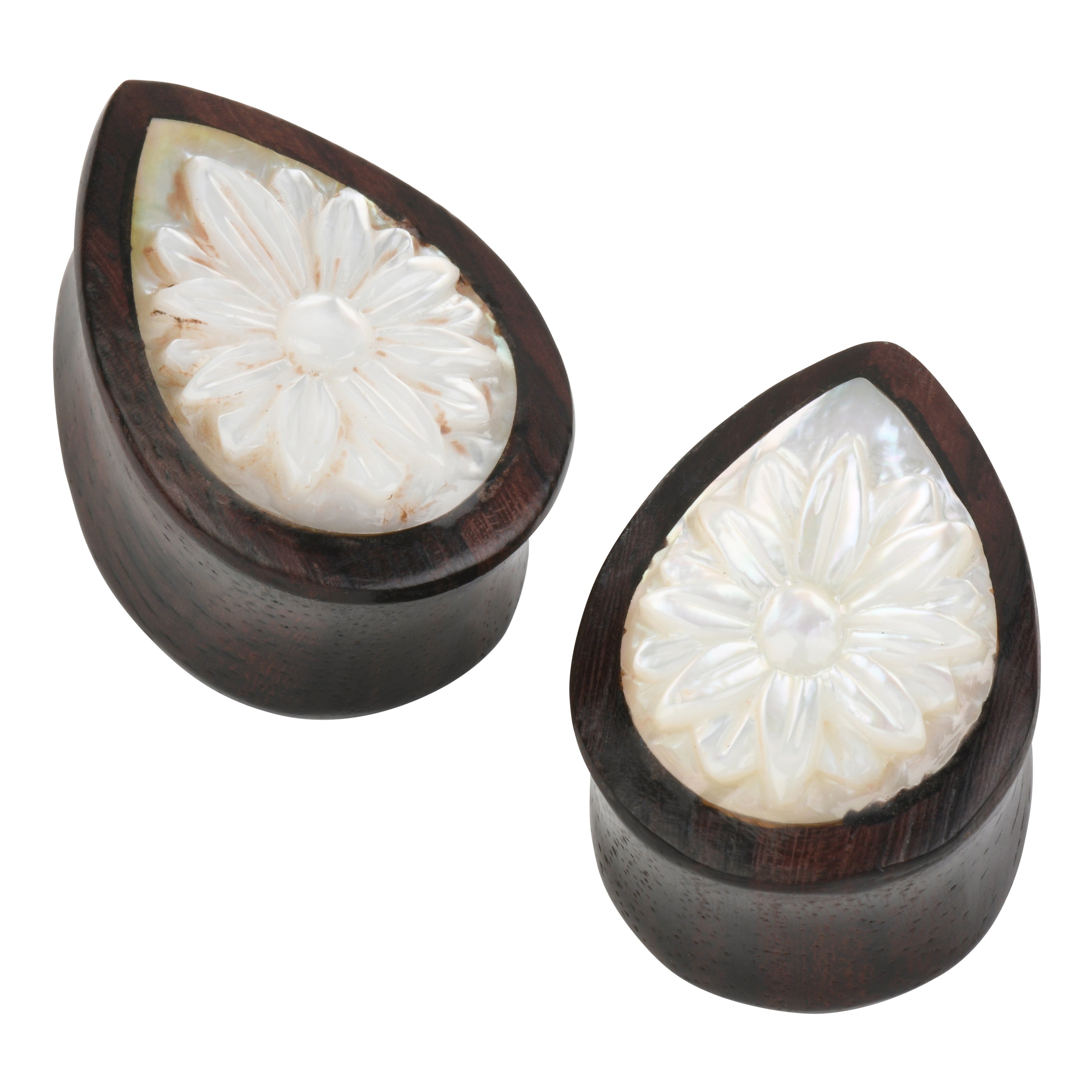 Pearl Flower & Sono Teardrop Plugs Stretched Lobes 00 gauge (10mm) Sono Wood