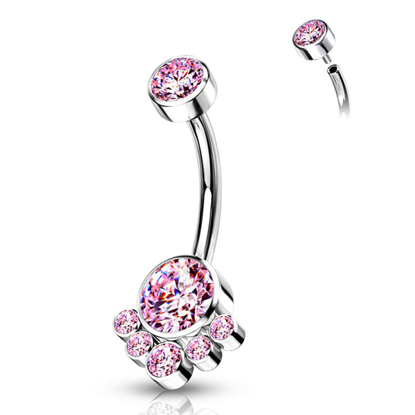 Cluster CZ Titanium Belly Barbell Belly No-Dangles 14g - 3/8" long (10mm) Pink