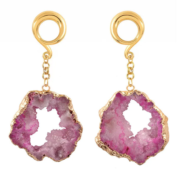 Pink Geode Slice Gold Coil Hangers Ear Weights  