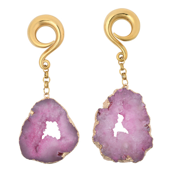 Pink Geode Slice Gold Coil Hangers Ear Weights 0 gauge (8mm) Pink