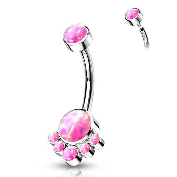 Opal Cluster Titanium Belly Barbell Belly No-Dangles 14g - 3/8" long (10mm) Hot Pink Opal