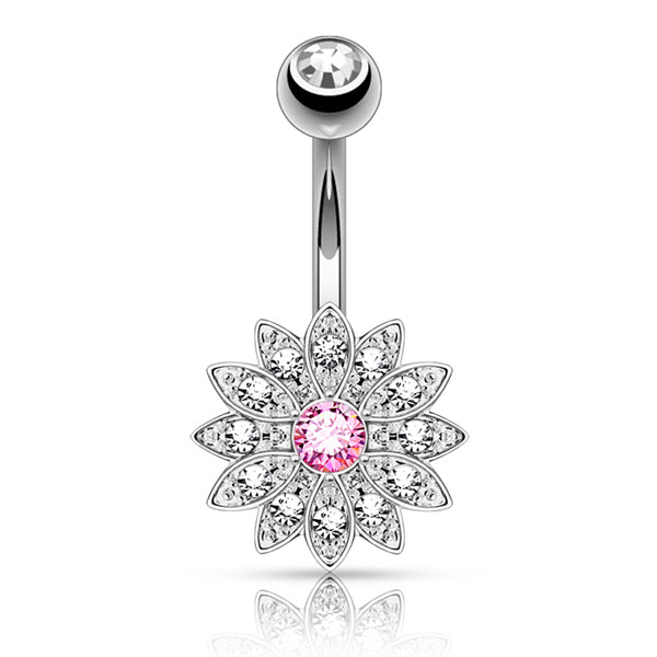 Paved Flower Belly Ring Belly Ring 14g - 3/8" long (10mm) Stainless w/ Clear & Pink CZs