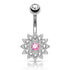 Paved Flower Belly Ring Belly Ring 14g - 3/8" long (10mm) Stainless w/ Clear & Pink CZs