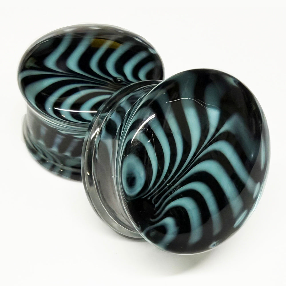 Powder Blue Feather Glass Plugs Stretched Lobes 2 gauge (6mm) Powder Blue & Black