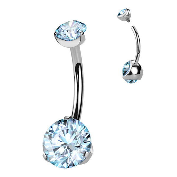 Prong CZ Titanium Belly Barbell Belly Ring 14g - 3/8" long (10mm) Aqua CZ