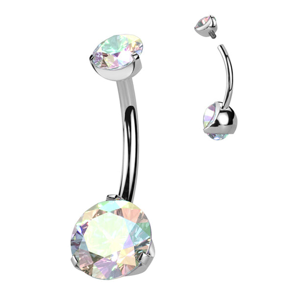 Prong CZ Titanium Belly Barbell Belly Ring 14g - 3/8" long (10mm) Opalescent CZ