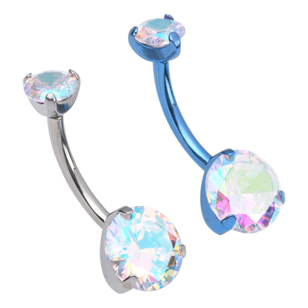 Prong CZ Titanium Belly Barbell Belly Ring 14g - 3/8" long (10mm) - 5&8mm ends Opalescent CZ