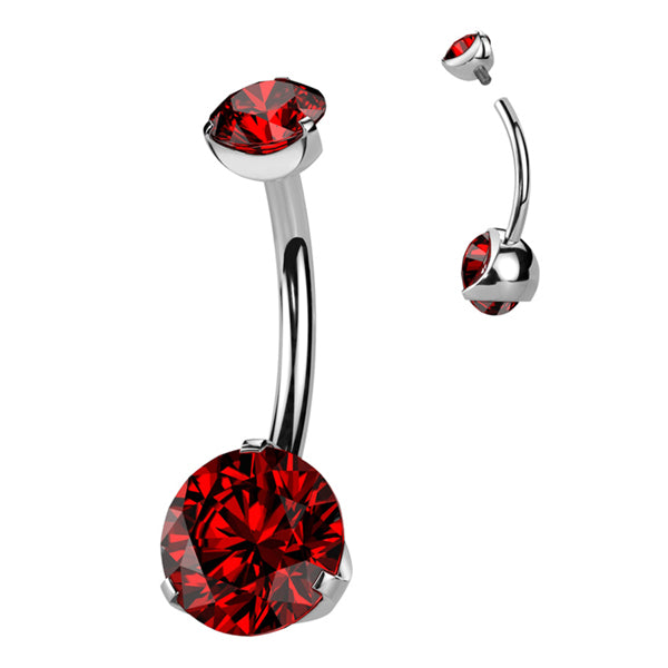 Prong CZ Titanium Belly Barbell Belly Ring 14g - 3/8" long (10mm) Red CZ