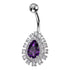 Paved Teardrop Belly Ring Belly Ring 14g - 3/8" long (10mm) Stainless w/ Clear & Purple CZs