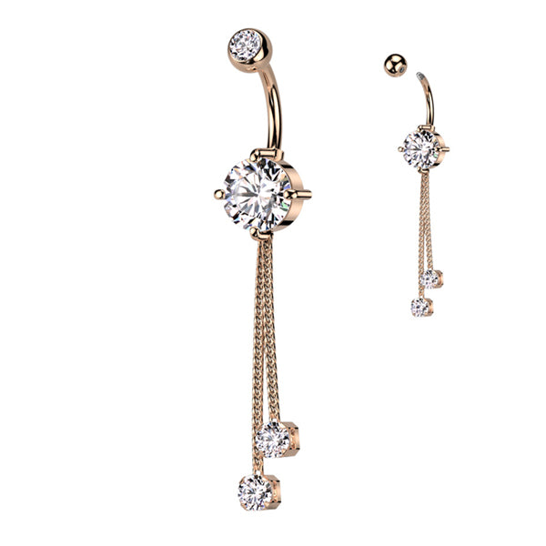 Double CZ Belly Dangle Belly Ring 14 gauge - 3/8" long (10mm) Rose Gold