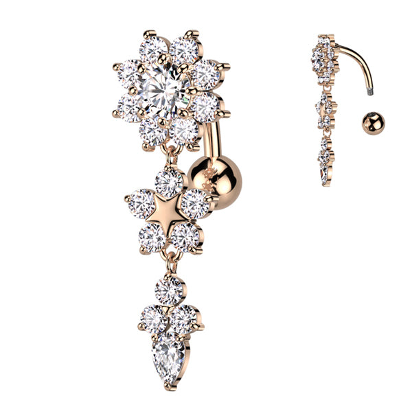 Flower CZ Reverse Belly Dangle Belly Ring 14 gauge - 3/8" long (10mm) Rose Gold